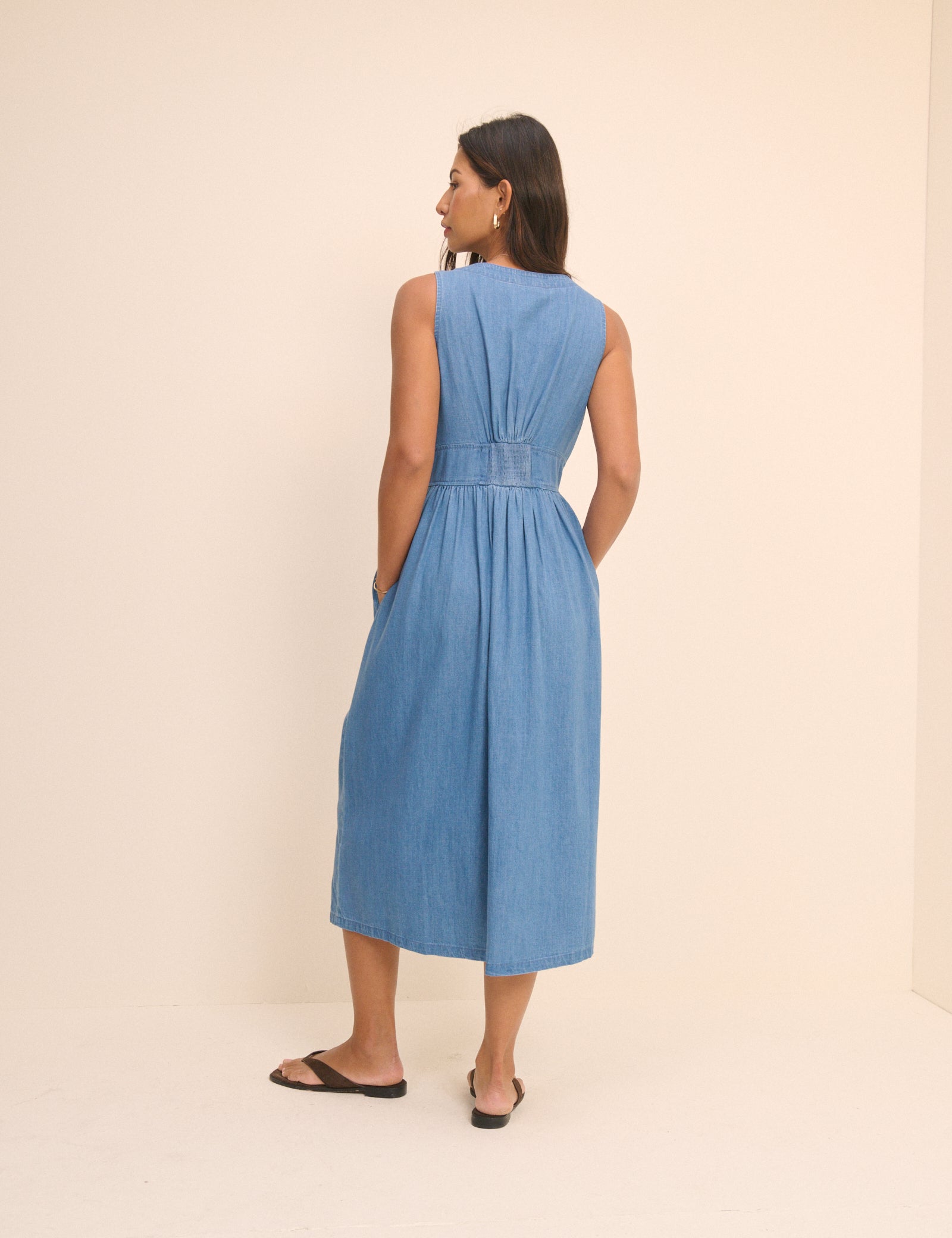 Mid-Wash Blue Denim Sleeveless Starlight Midi Dress