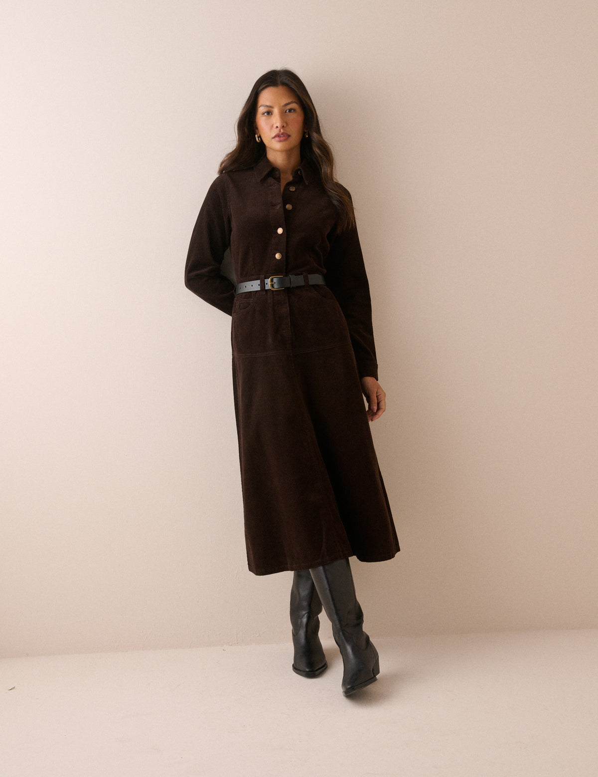 Brown Button Front Cord Lee Midi Dress