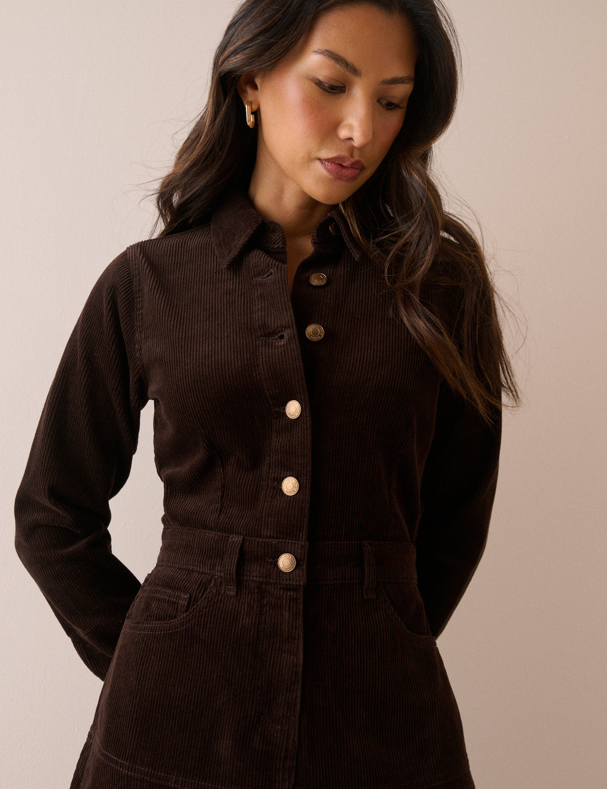 Brown Button Front Cord Lee Midi Dress
