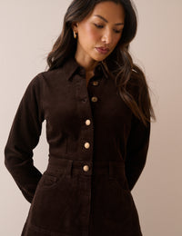 Brown Button Front Cord Lee Midi Dress
