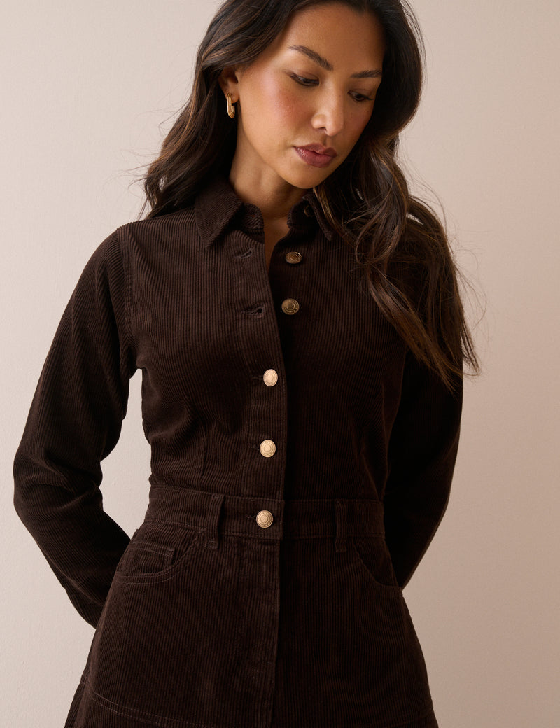 Brown Button Front Cord Lee Midi Dress