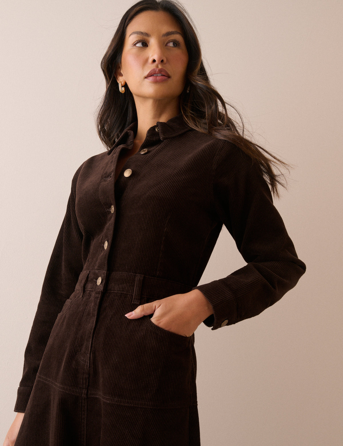 Brown Button Front Cord Lee Midi Dress