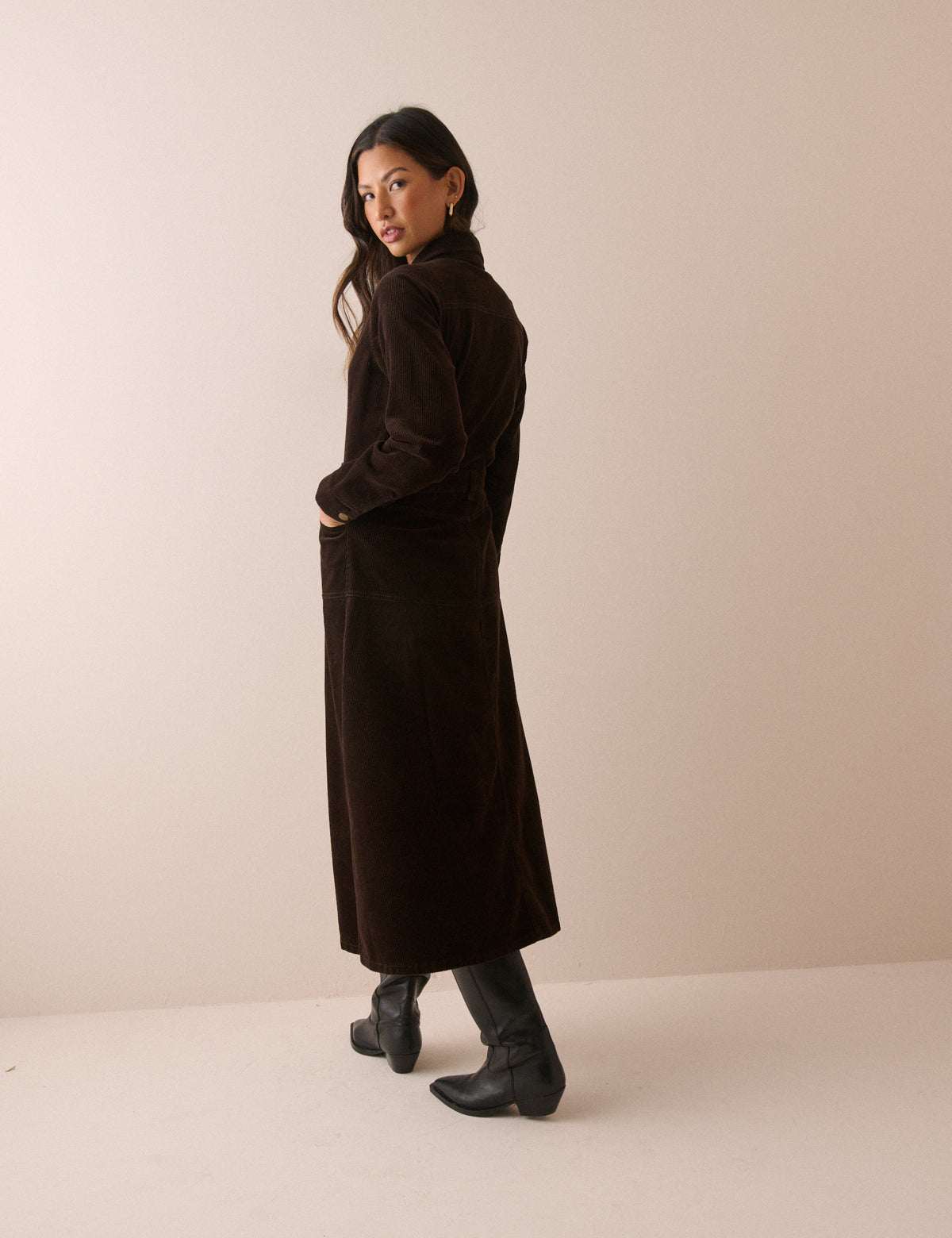 Brown Button Front Cord Lee Midi Dress