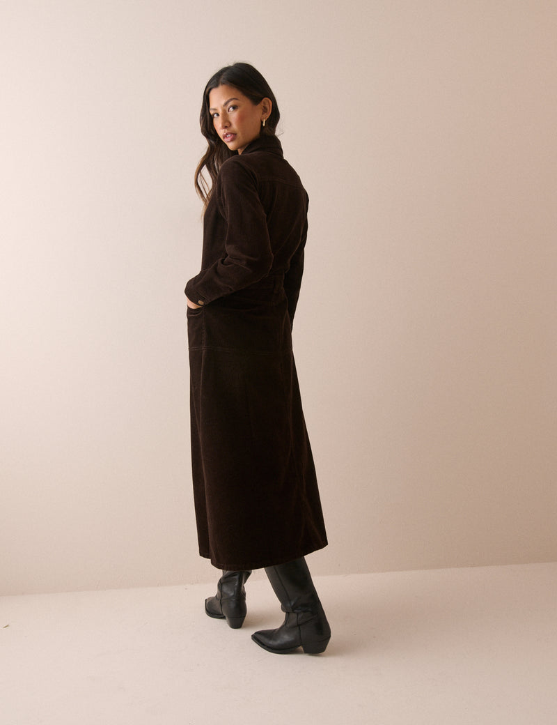 Brown Button Front Cord Lee Midi Dress