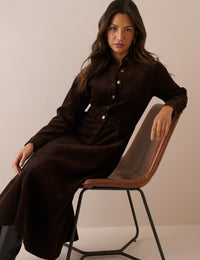 Brown Button Front Cord Lee Midi Dress