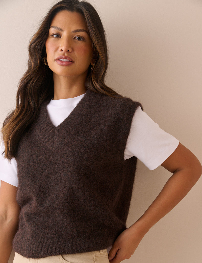 Brown Marl V Neck Knitted Vest