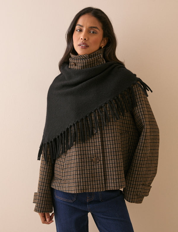Black Fringe Wool-Blend Triangle Scarf