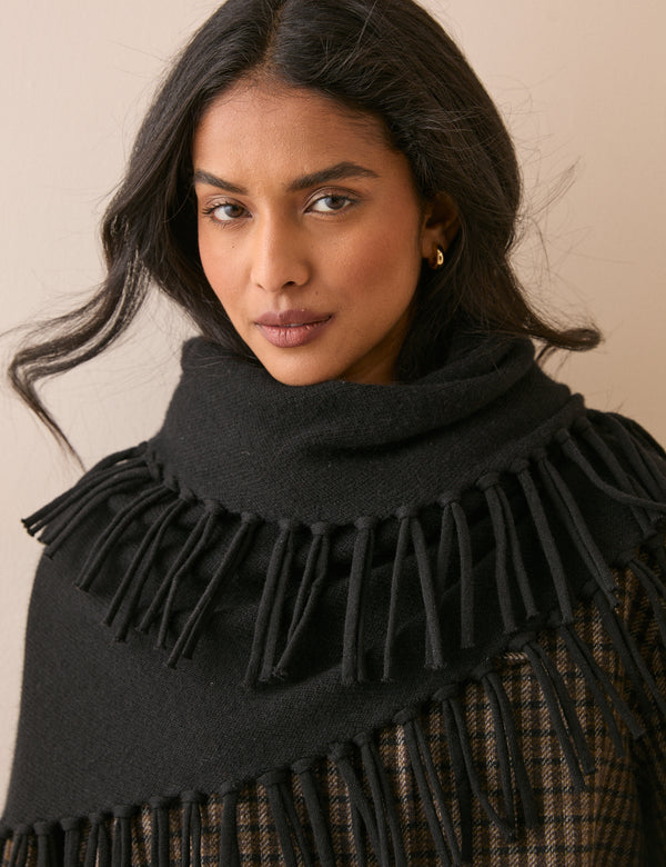 Black Fringe Wool-Blend Triangle Scarf