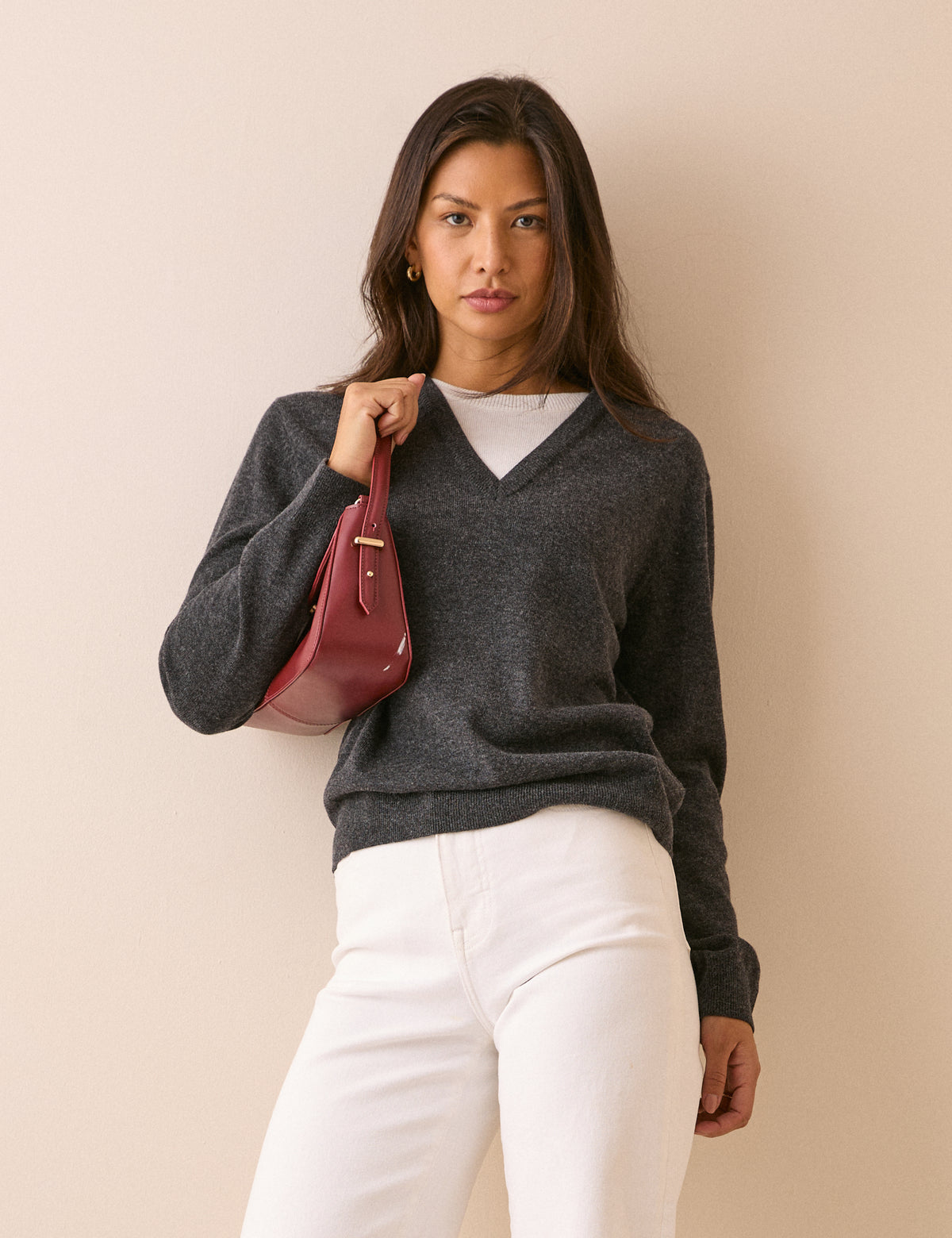 Grey and White Double Layer V-Neck Jumper