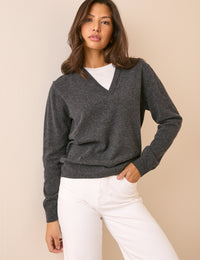 Grey and White Double Layer V-Neck Jumper