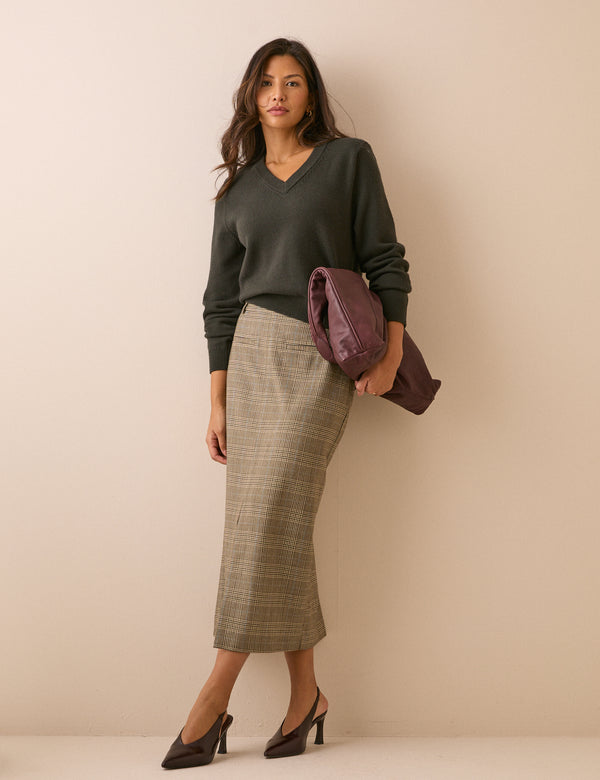 Khaki V-neck shoulder pad jumper