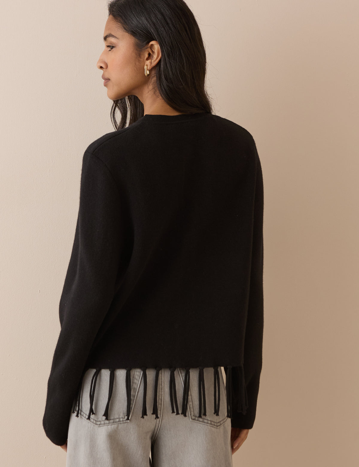 Black Fringe Hem Wool Blend Jumper
