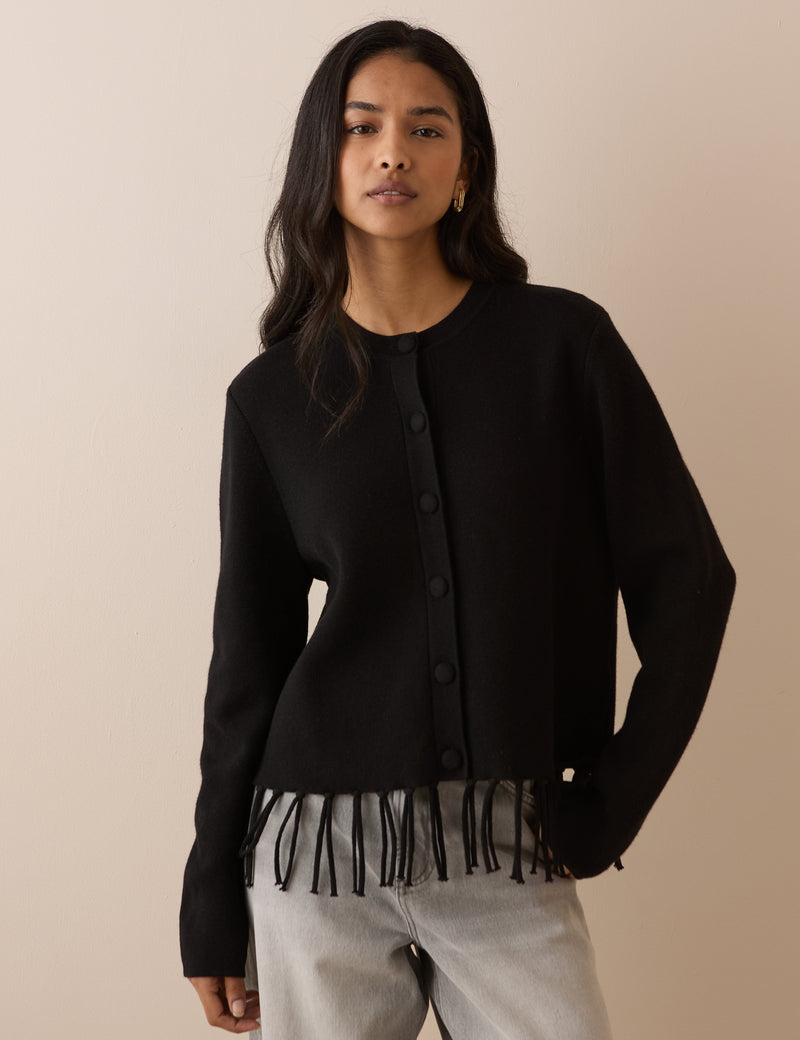 Black Fringe Hem Wool Blend Jumper