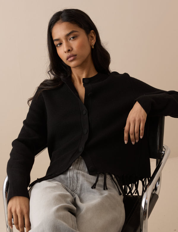 Black Fringe Hem Wool Blend Jumper