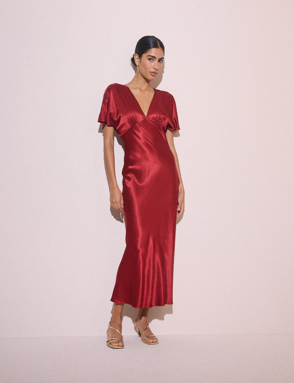 Red V-Neck Satin Grace Midi Dress