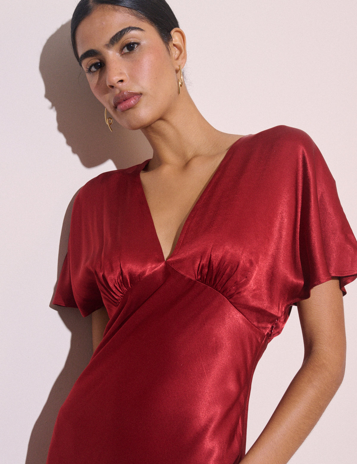 Red V-Neck Satin Grace Midi Dress