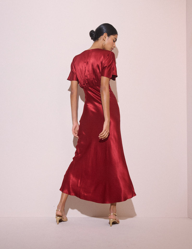 Red V-Neck Satin Grace Midi Dress