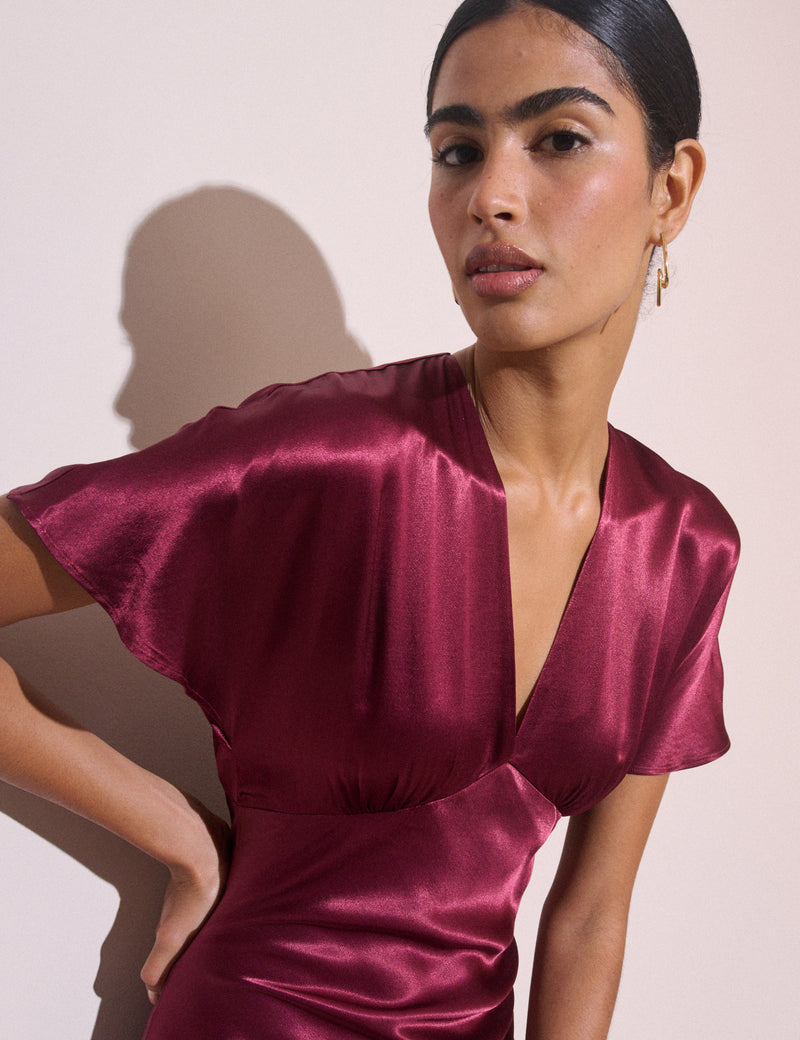 Burgundy V-Neck Satin Grace Midi Dress