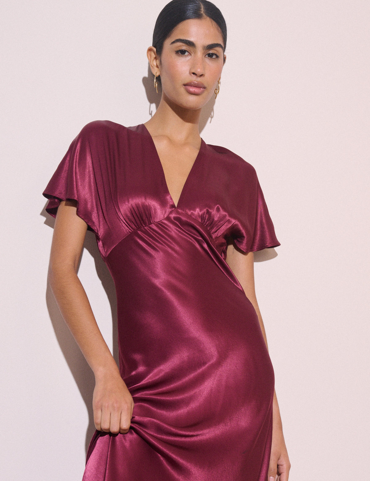 Burgundy V-Neck Satin Grace Midi Dress