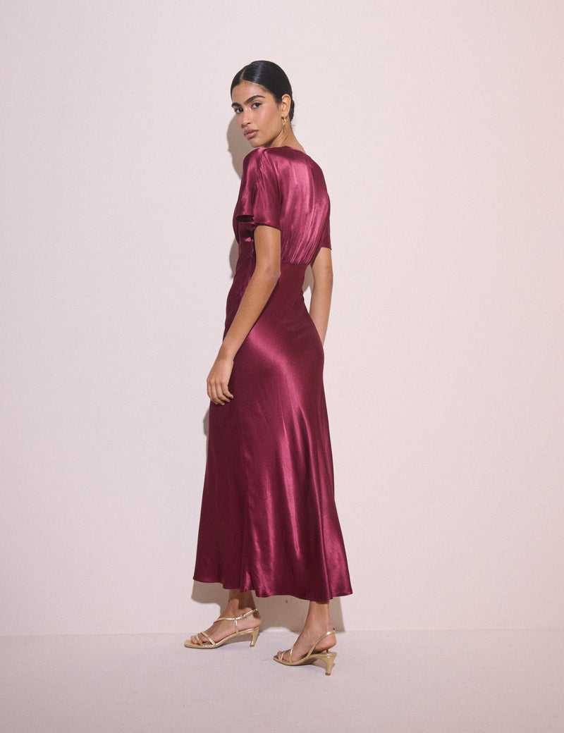 Burgundy V-Neck Satin Grace Midi Dress