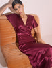 Burgundy V-Neck Satin Grace Midi Dress