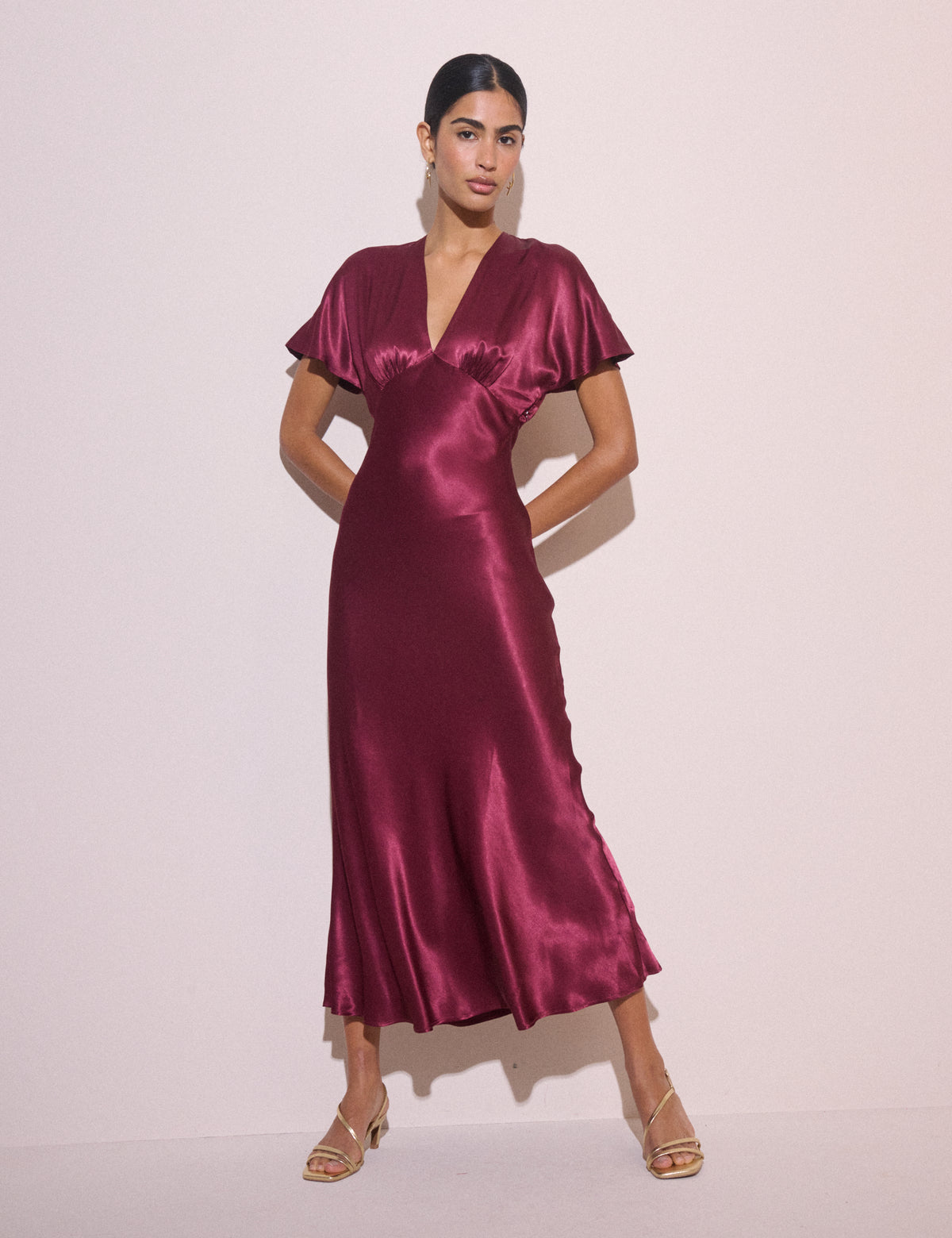 Burgundy V-Neck Satin Grace Midi Dress