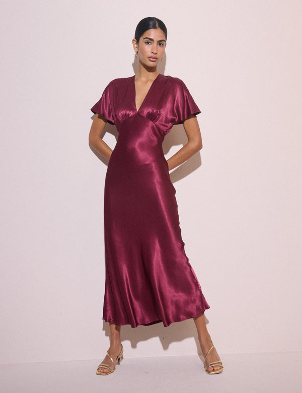Burgundy V-Neck Satin Grace Midi Dress