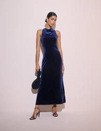 Blue Velvet Cowl Neck Saige Midi Dress