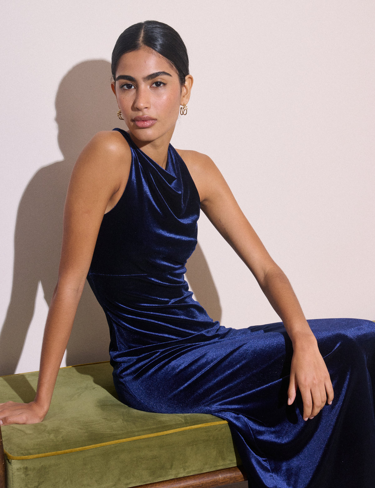 Blue Velvet Cowl Neck Saige Midi Dress
