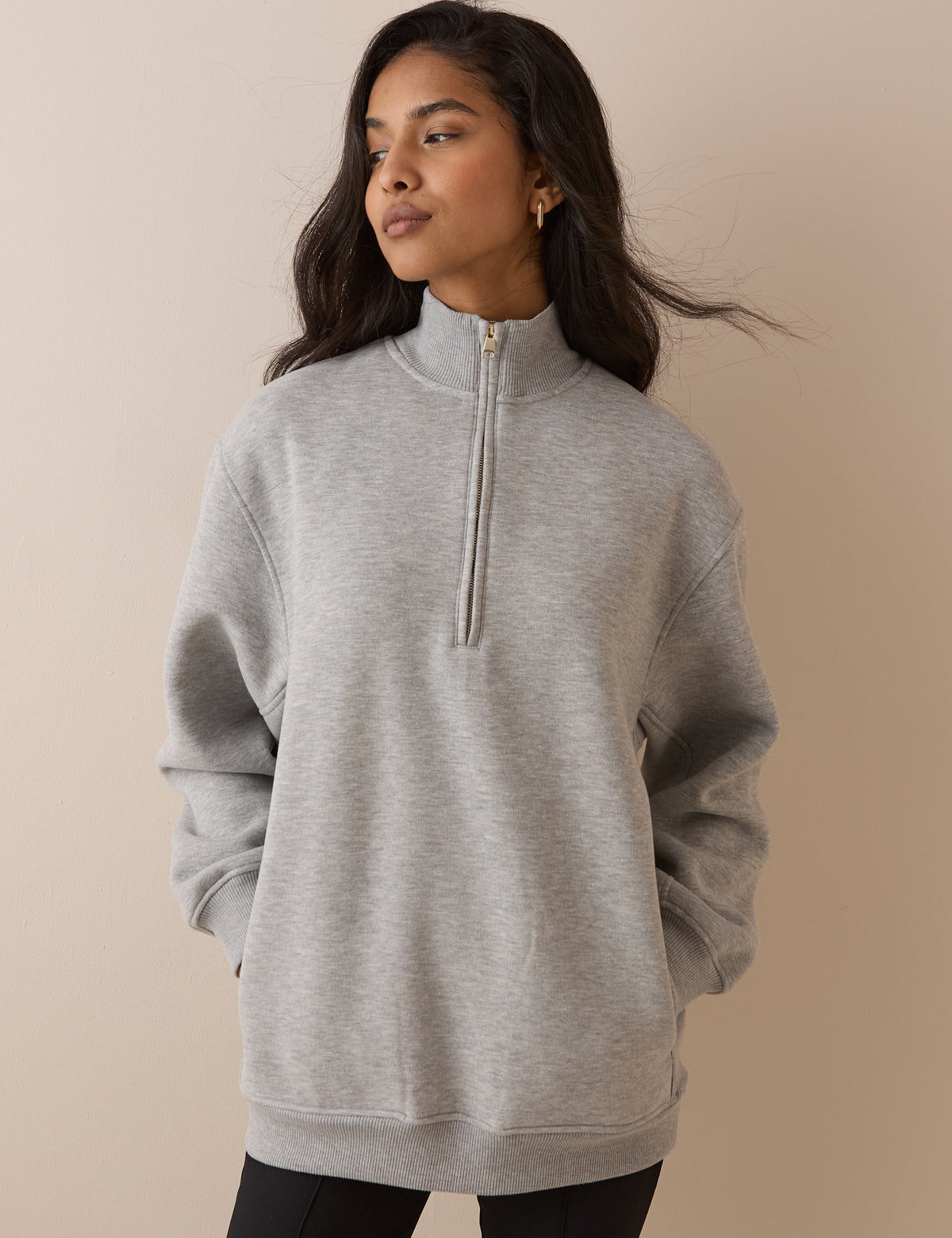Grey Marl Quarter Zip Longline Sweatshirt