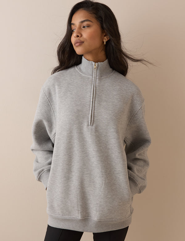 Grey Marl Quarter Zip Longline Sweatshirt