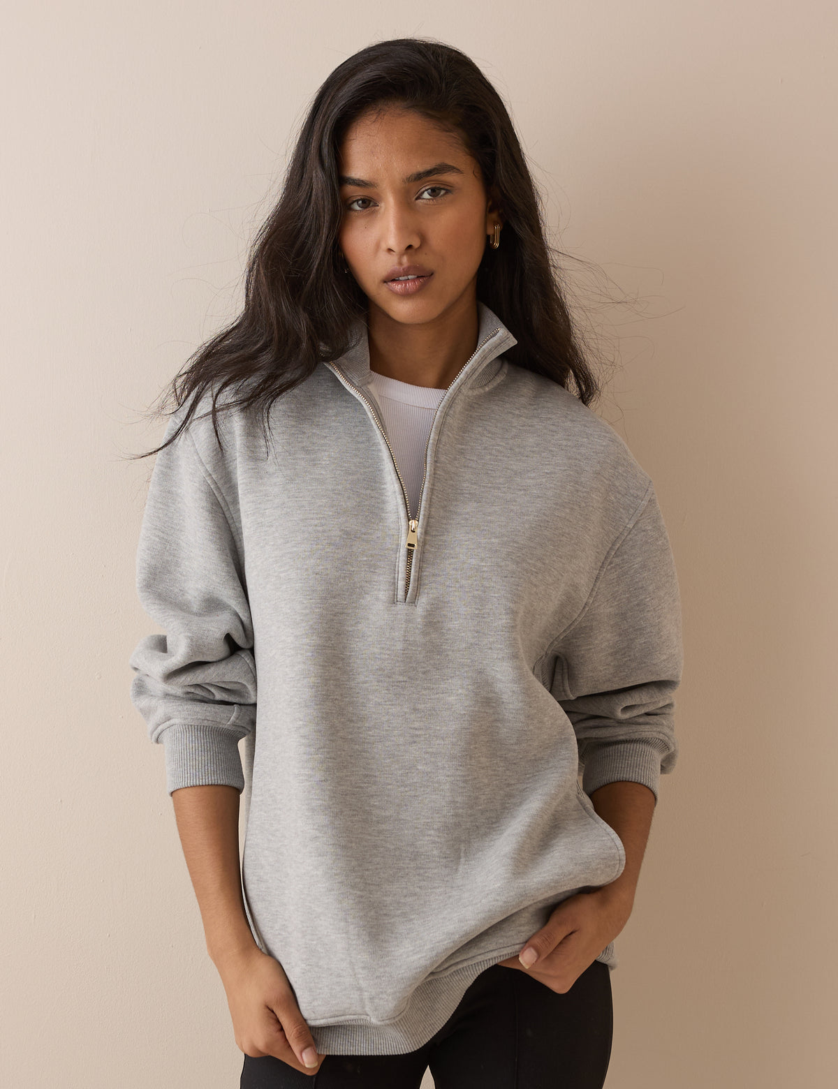 Grey Marl Quarter Zip Longline Sweatshirt