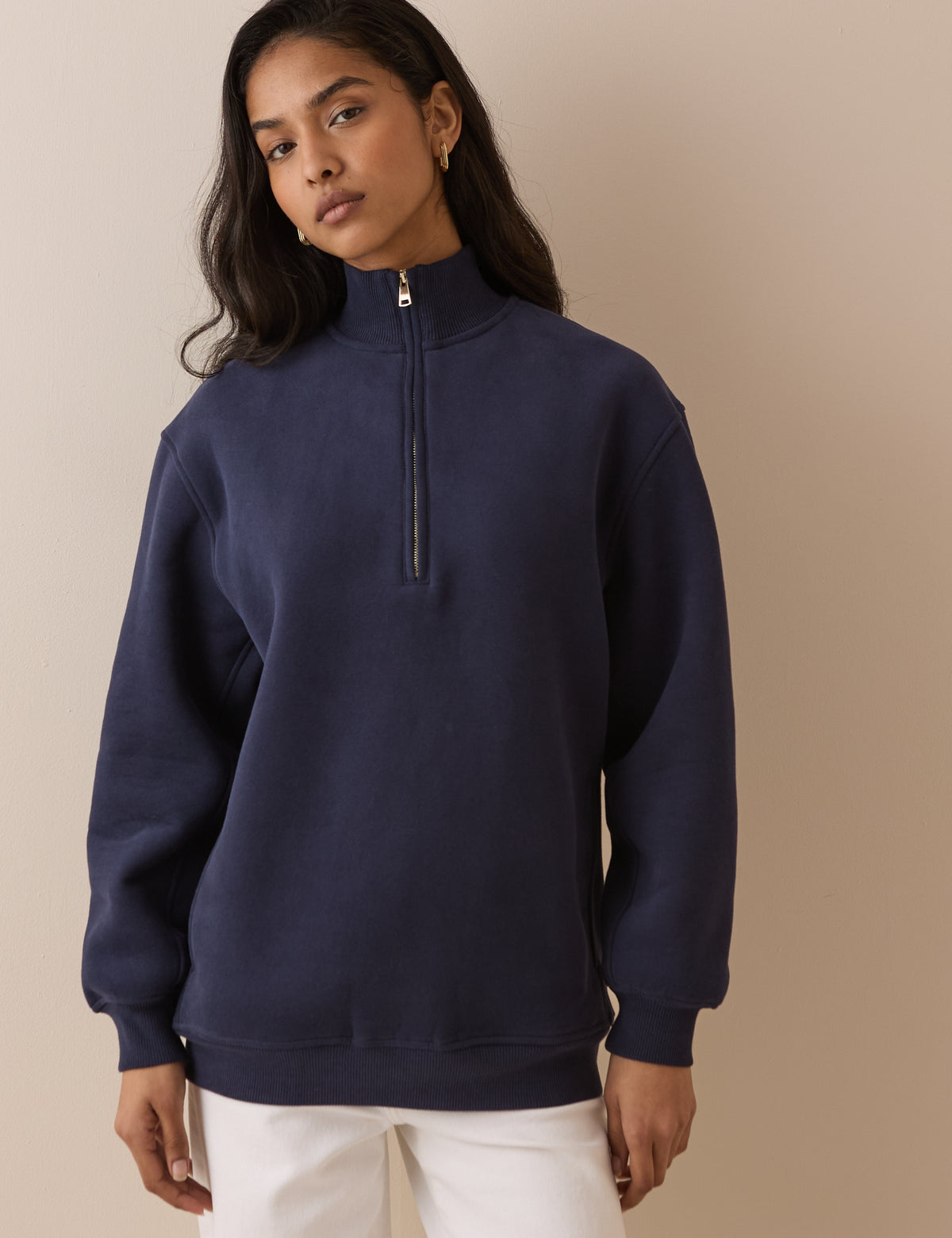 Navy Quarter Zip Longline Sweatshirt