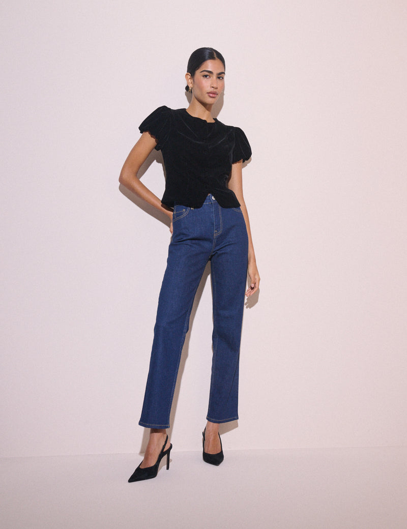 Black Button Front Velvet Top