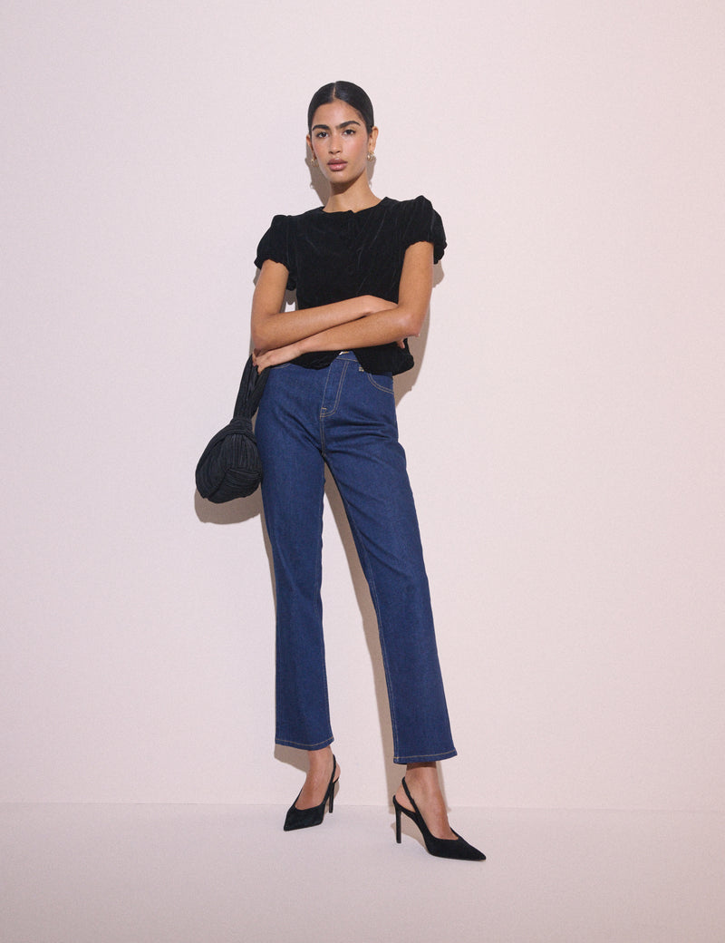 Black Button Front Velvet Top