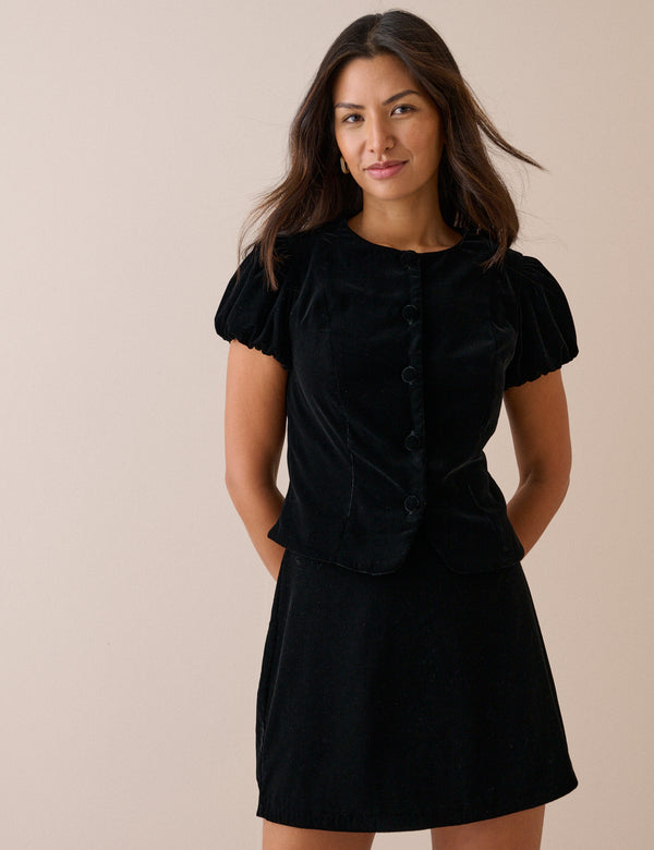 Black Button Front Velvet Top