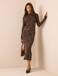 Brown Animal Print Jersey Amelie Midi Dress