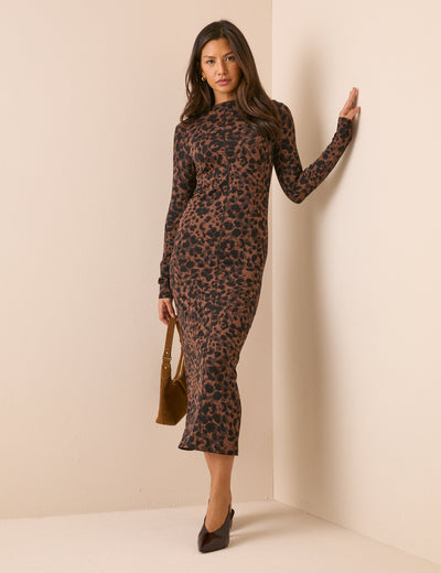 Brown Animal Print Jersey Amelie Midi Dress