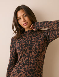 Brown Animal Print Jersey Amelie Midi Dress