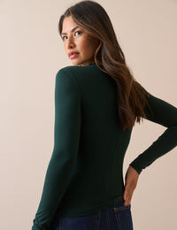Dark Green Exposed Seam Long Sleeve Top