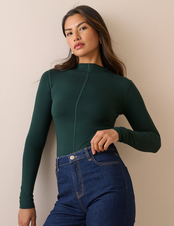 Dark Green Exposed Seam Long Sleeve Top