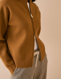 Double zip detail on camel knitted jacket