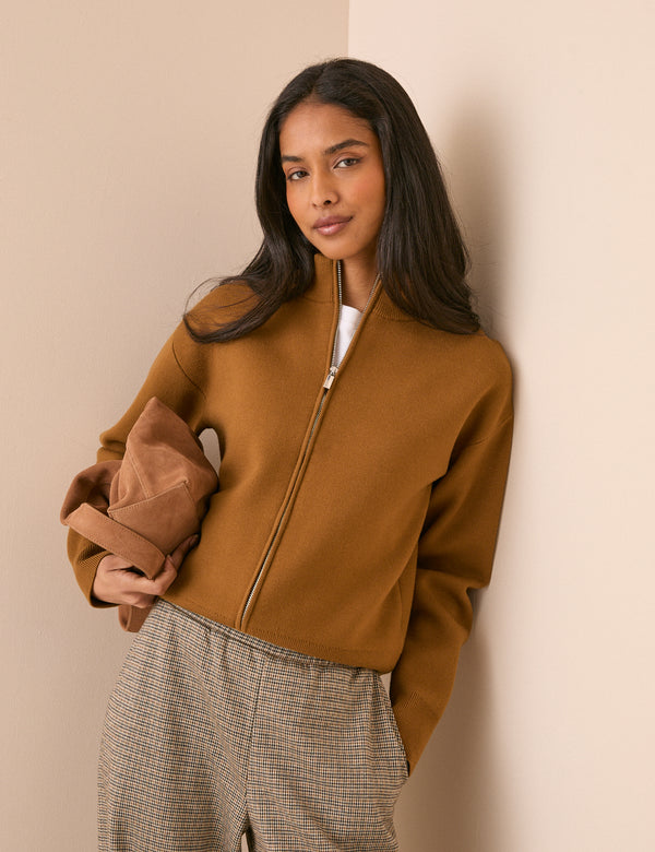 Camel high neck zip-through knitted jacket