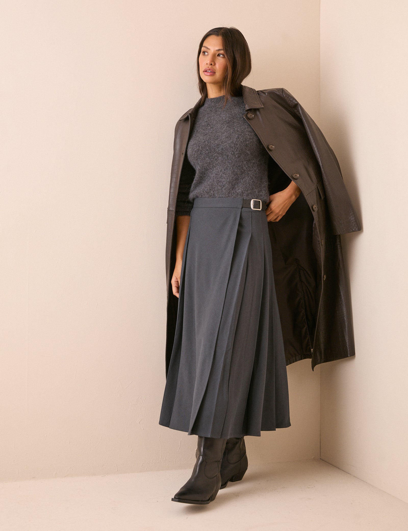 Taylor Belted Midi Kilt Skirt