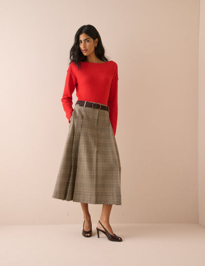 Grey Heritage Check Pleated Midi Skirt
