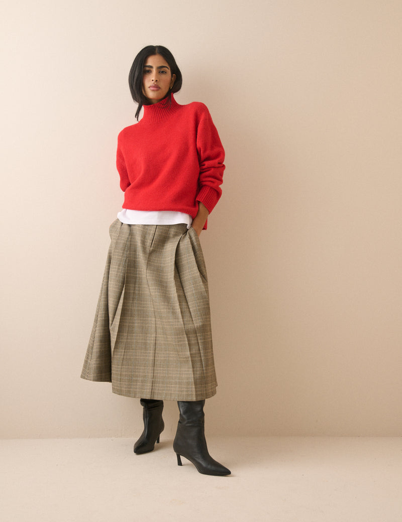 Grey Heritage Check Pleated Midi Skirt
