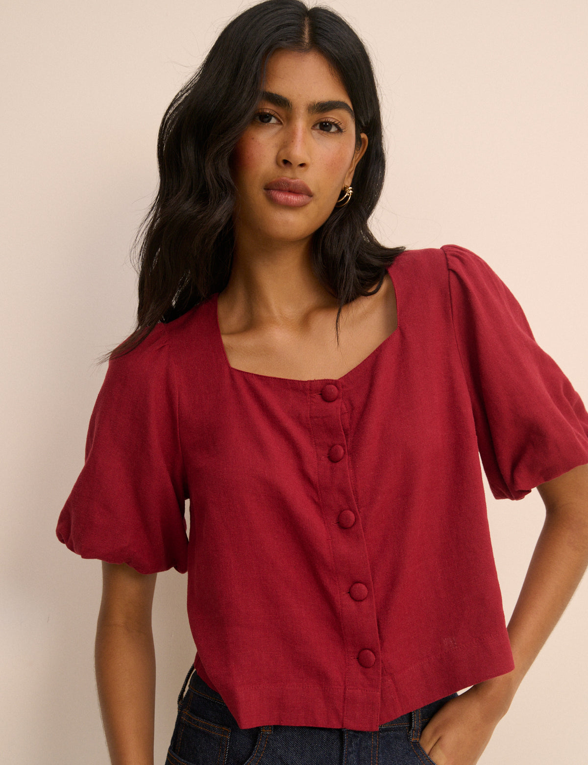 Red Linen-Blend Puff Sleeve Sammie Top