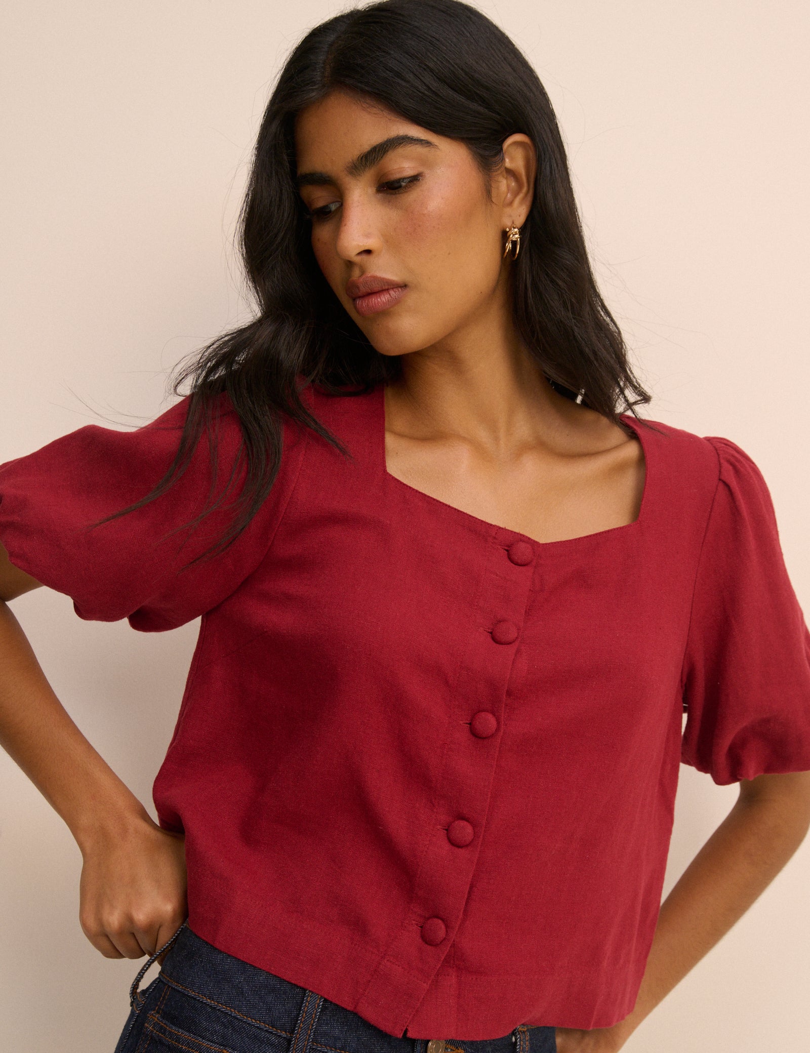 Red Linen-Blend Puff Sleeve Sammie Top