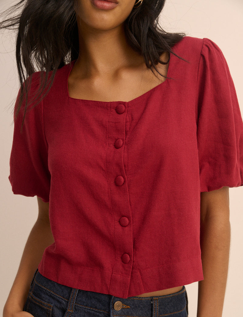 Red Linen-Blend Puff Sleeve Sammie Top