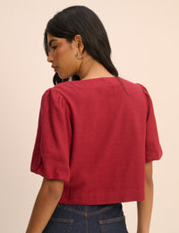 Red Linen-Blend Puff Sleeve Sammie Top